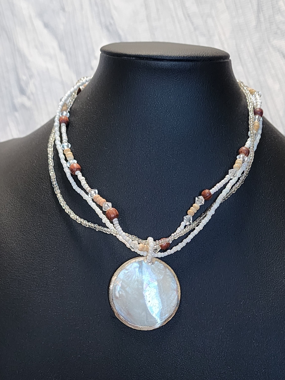 Mother of Pearl MOP Pendant Multi Strand Beaded Necklace Boho Statement